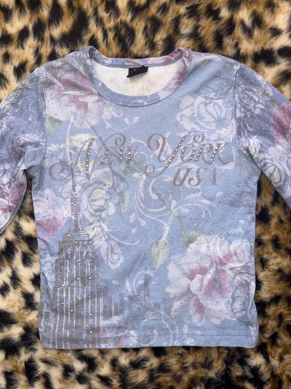 Y2K Mini Tee Long Sleeve Floral NYC Graphic Top with STUDS